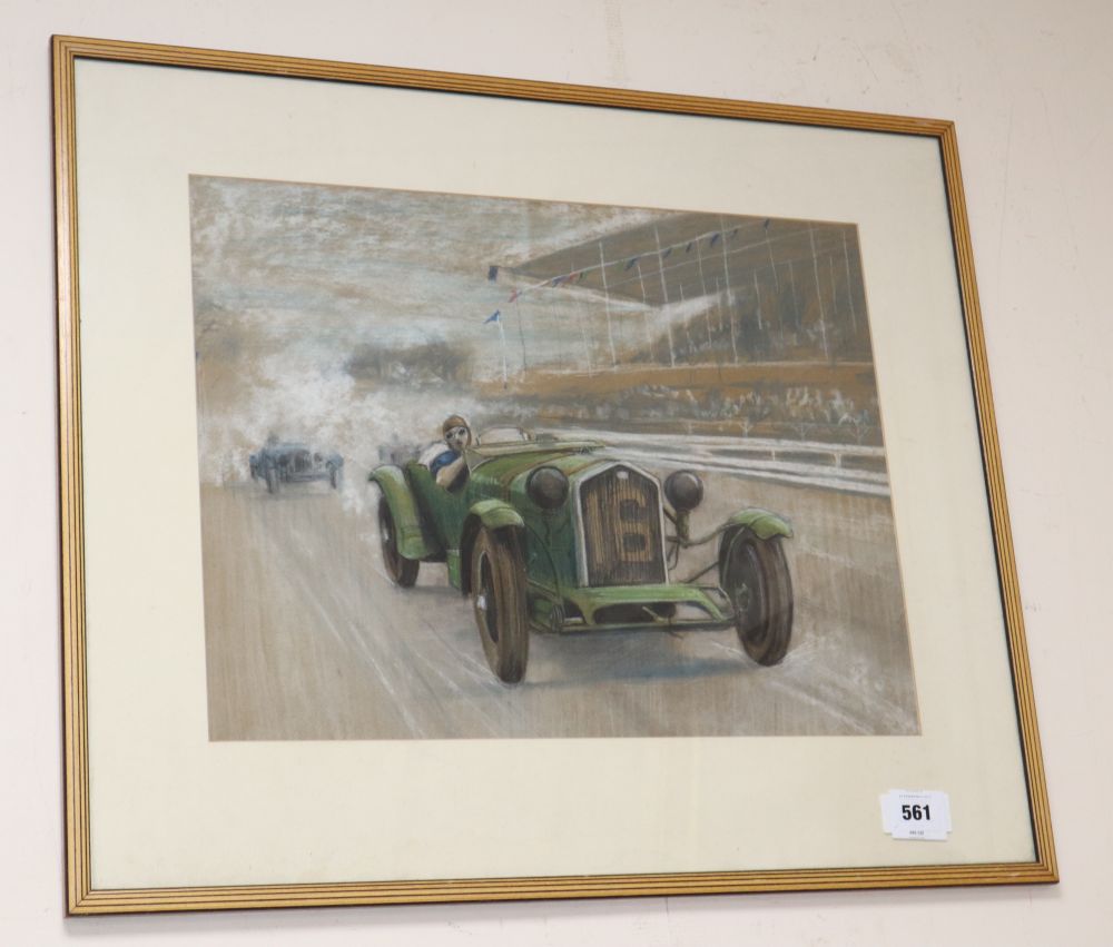 Circle of Dion Pears, pastel on buff paper, Vintage motor racing scene with Talbot number 16, 36 x 48cm